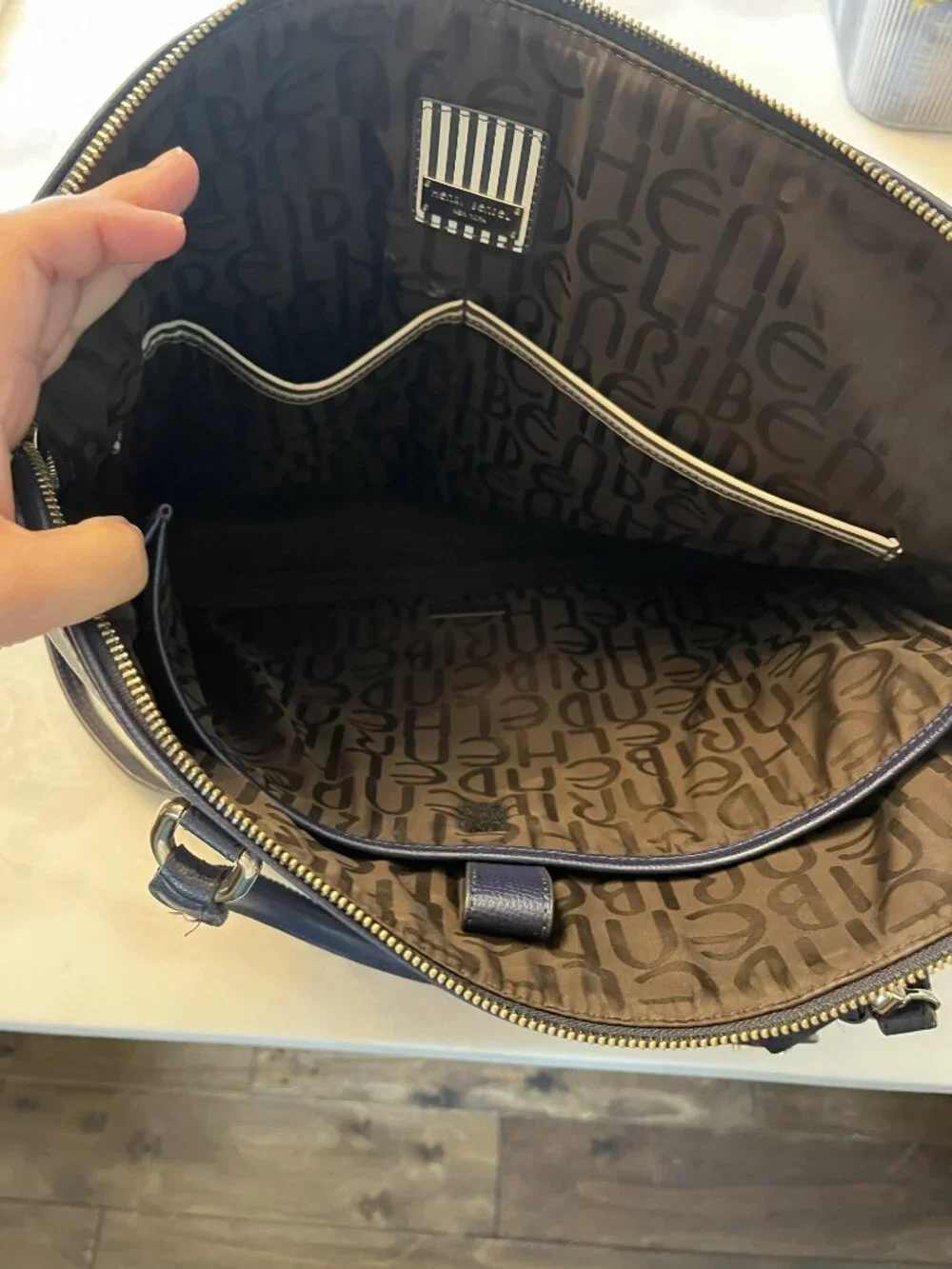 Henri Bendel Navy Blue Laptop Satchel Briefcase Excellent Used Condtion